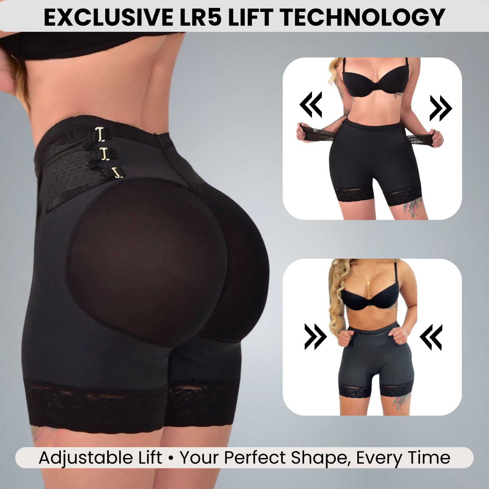 Siluet LR5 butt-lift short showing close-up of natural lift design with two front views demonstrating adjustable side compression.