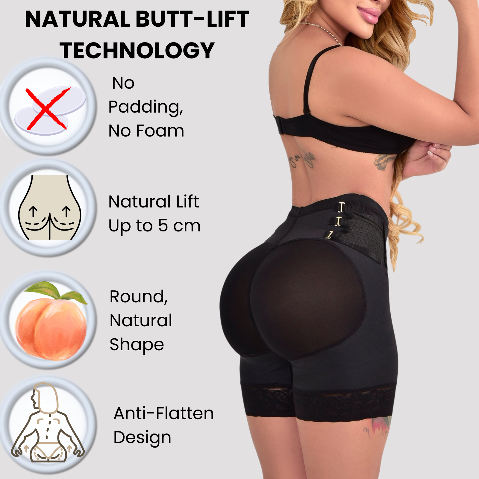 Side-back view of the Siluet LR5 butt-lift short showing natural 5 cm lift and round shaping design.
