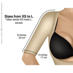 Beige sleeve detail showing 8-inch length with underarm opening, sizes XS to L.