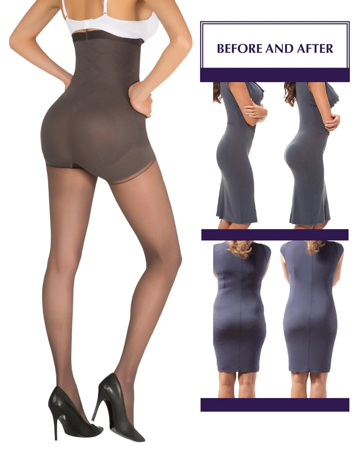 1T1824 High Waisted Tummy Taming Tights with Sheer Finish and Targeted Compression Siluets