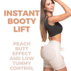 Woman wearing a shapewear product with text claiming 'Instant Booty Lift' and 'Peach Butt Effect'.