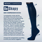 Be Shapy compression sock with text explaining its benefits on a light blue background