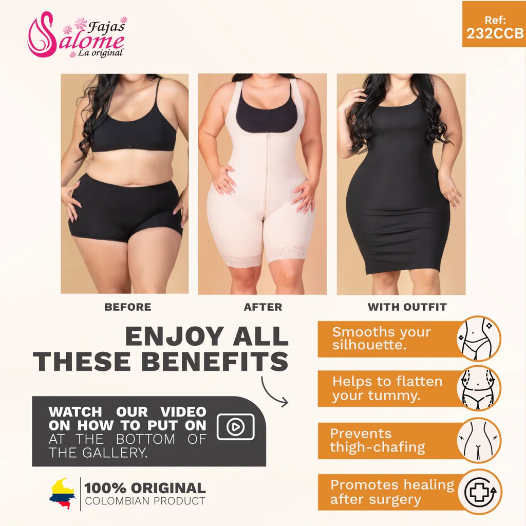 Advertisement for a shapewear product showing before and after effects on a model, with text highlighting benefits and branding.