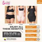 Advertisement for a shapewear product showing before and after effects on a model, with text highlighting benefits and branding.