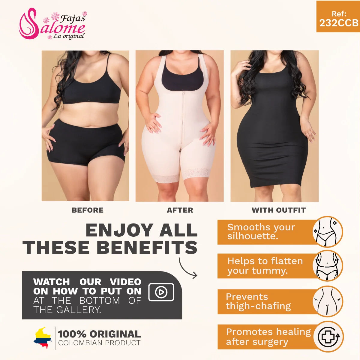 Advertisement for a shapewear product showing before and after effects on a model, with text highlighting benefits and branding.