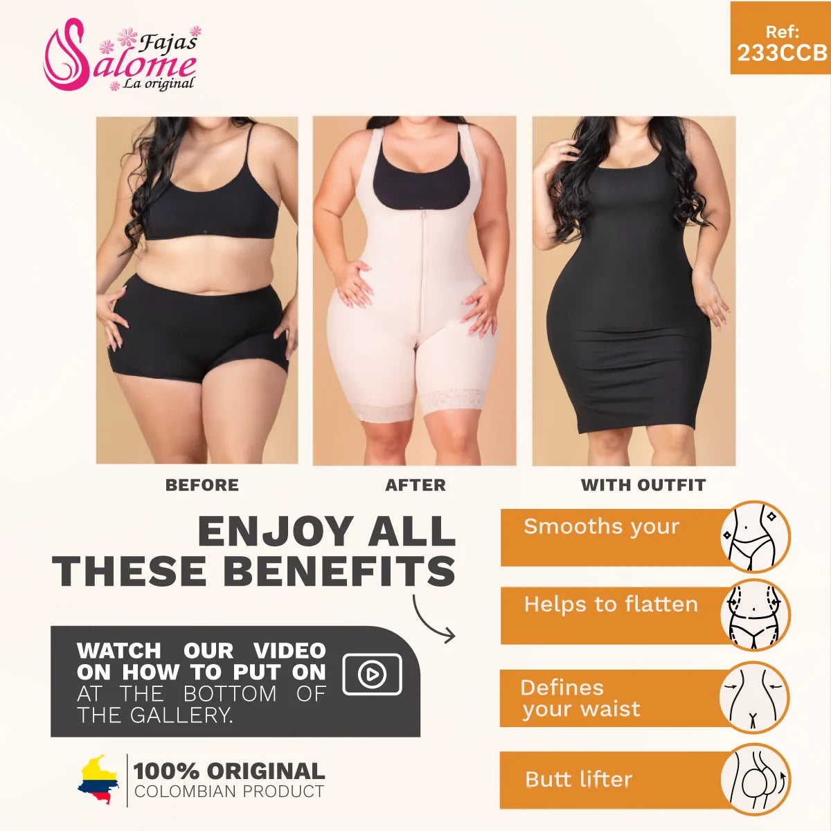 Advertisement for a shapewear product showing before, after, and with outfit benefits.