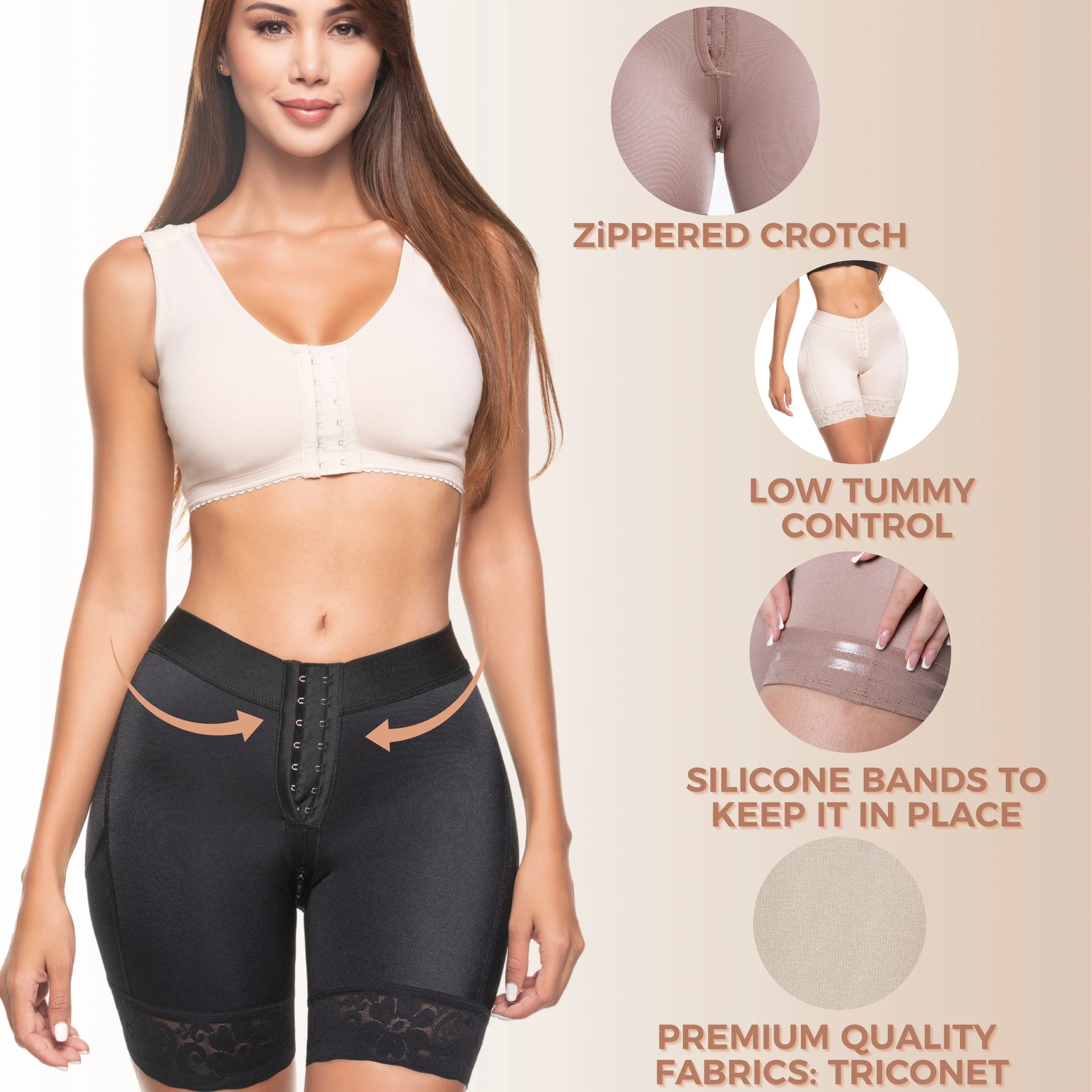 Woman wearing a black shapewear product with features highlighted on a beige background
