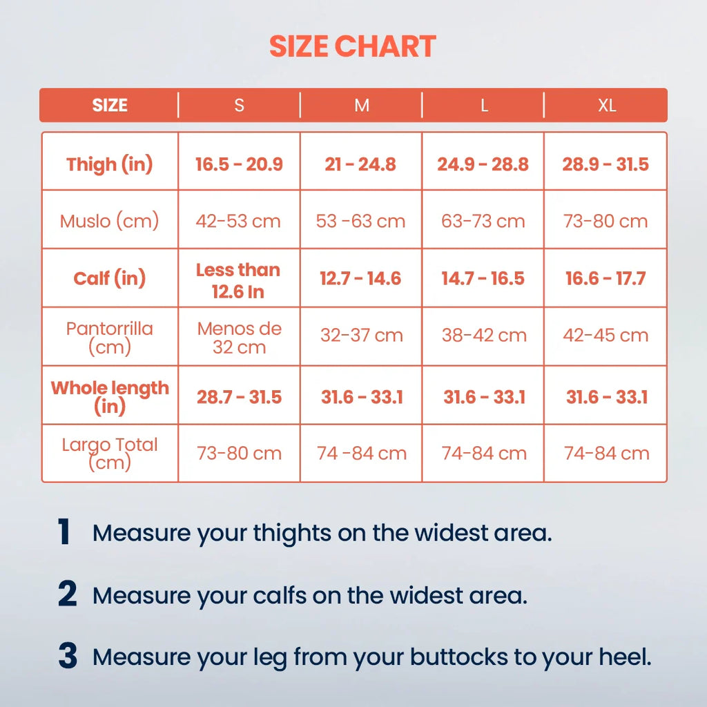 Size chart for measuring leg dimensions on a light blue background