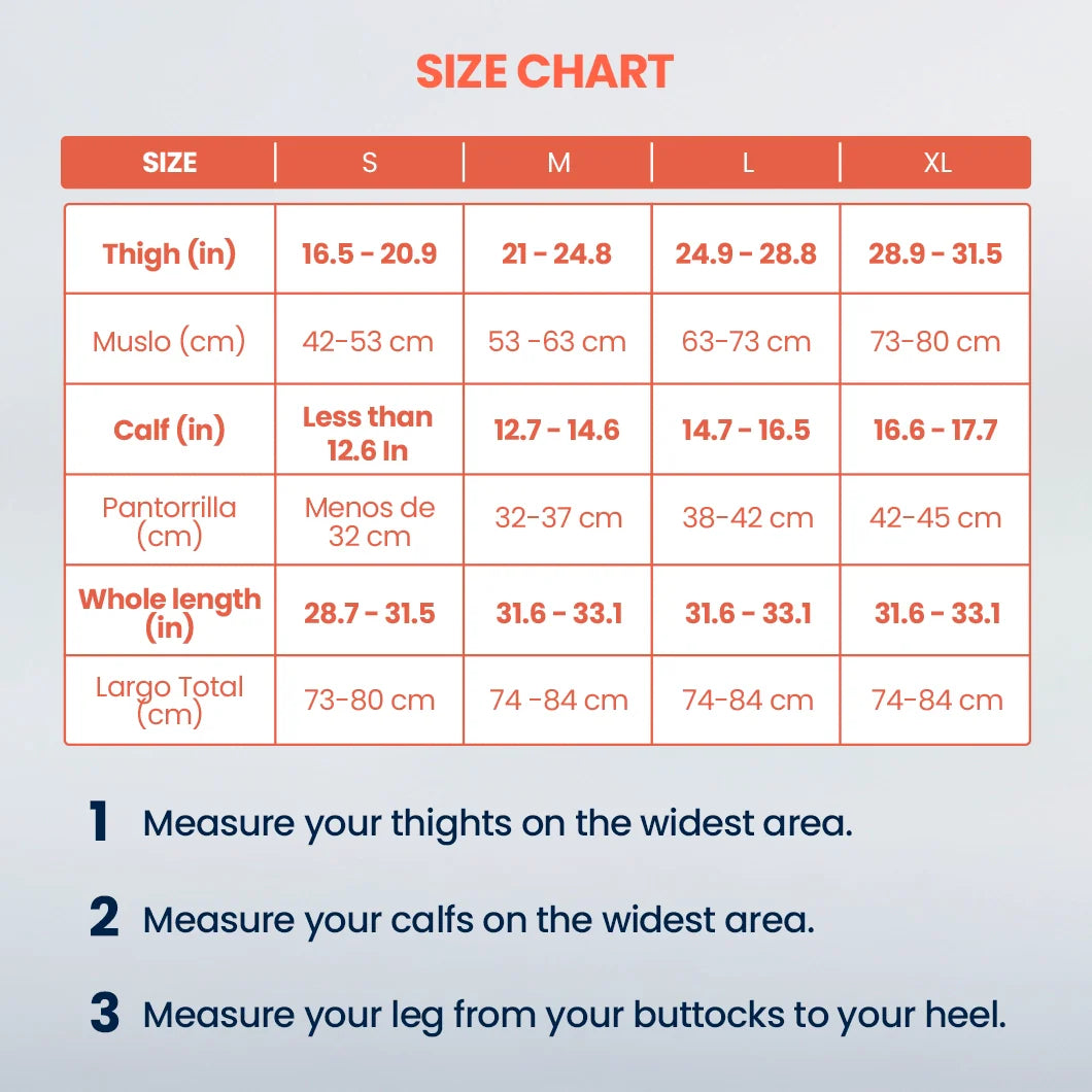 Size chart for measuring leg dimensions on a light blue background