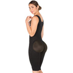 Woman wearing a black bodysuit on a white background