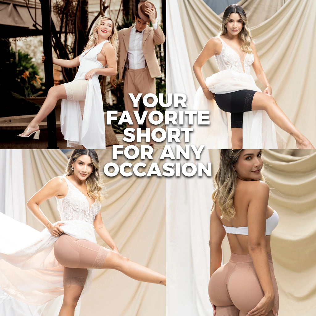 Woman in a white dress posing in various angles with text overlay.