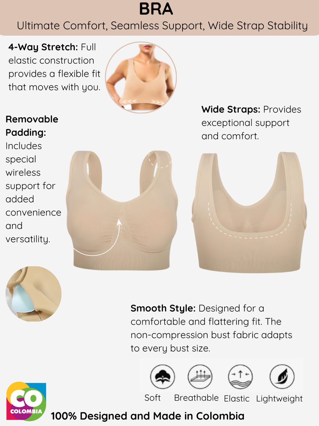 4-Way Stretch Wireless Bra with Removable Padding and Wide Straps | Soft, Breathable, and Lightweight | Made in Colombia Siluets