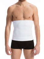 Man wearing a white compression garment over black underwear on a white background