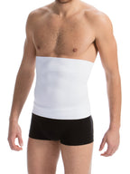 Man wearing a white compression wrap on his torso against a white background