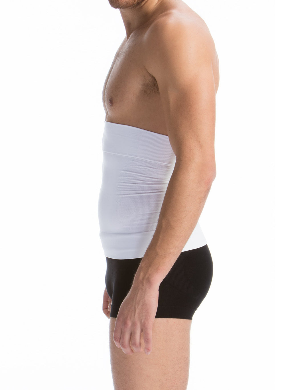 Person wearing a white compression garment on their torso against a white background