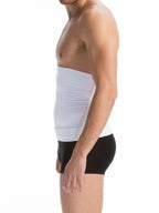 Person wearing a white compression garment on their torso against a white background
