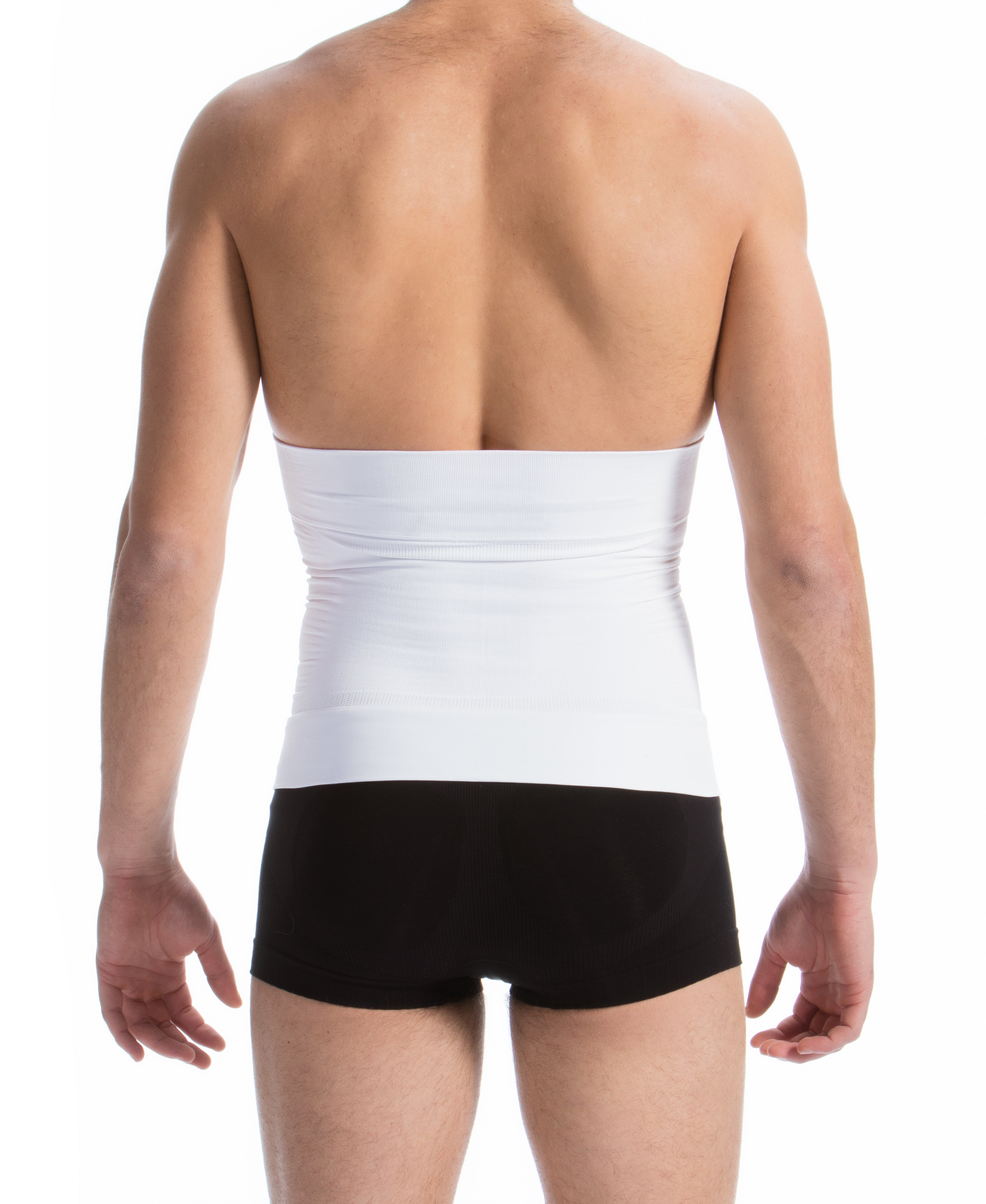 Person wearing a white compression garment on the back with a plain background