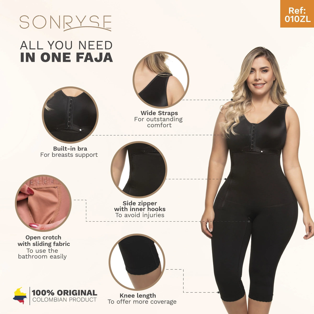 SONRYSE 010 Faja | Built - in Bra, High Back Knee Length Post Surgery Bodysuit - Colombian Shapewear | Siluets