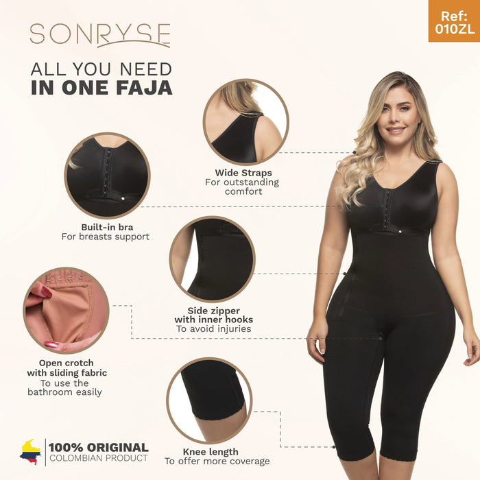 SONRYSE 010 Faja | Built - in Bra, High Back Knee Length Post Surgery Bodysuit - Colombian Shapewear | Siluets