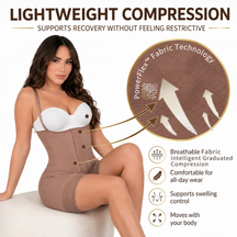 Infographic of the Siluet 70182TJ Stage 1 post-surgical full body shapewear in Cocoa, featuring lightweight graduated compression, breathable PowerFlex fabric technology, swelling support, all-day comfort, and flexible movement for post-surgical recovery.