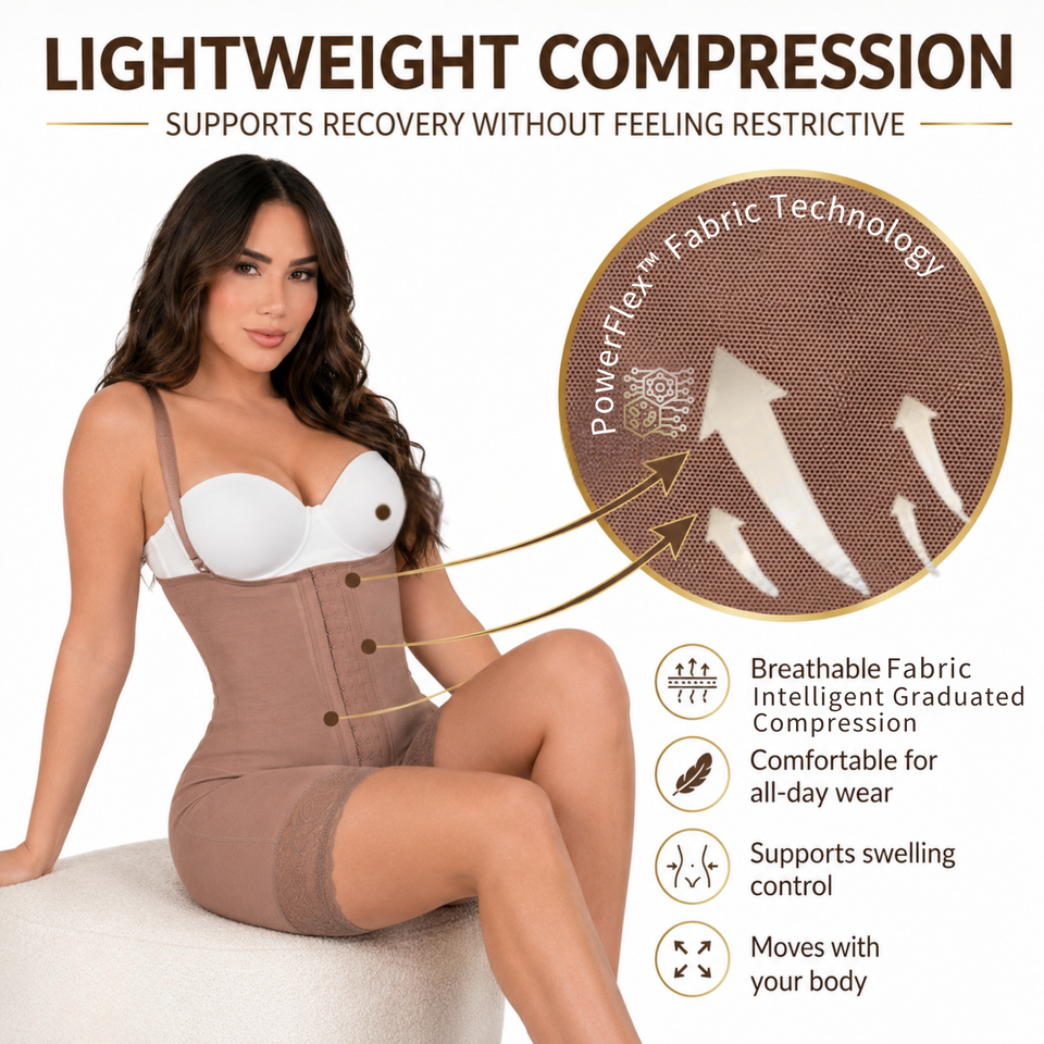 Infographic of the Siluet 70182TJ Stage 1 post-surgical full body shapewear in Cocoa, featuring lightweight graduated compression, breathable PowerFlex fabric technology, swelling support, all-day comfort, and flexible movement for post-surgical recovery.