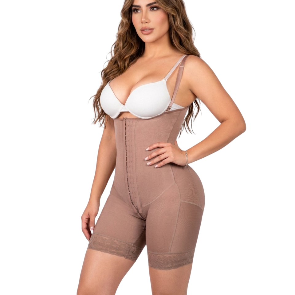 Front view of the Siluet 70182TJ Stage 1 post-surgical full body shapewear in Cocoa, featuring graduated compression, adjustable shoulder straps, front hook-and-eye closure, open bust, mid-thigh length and lace leg bands.