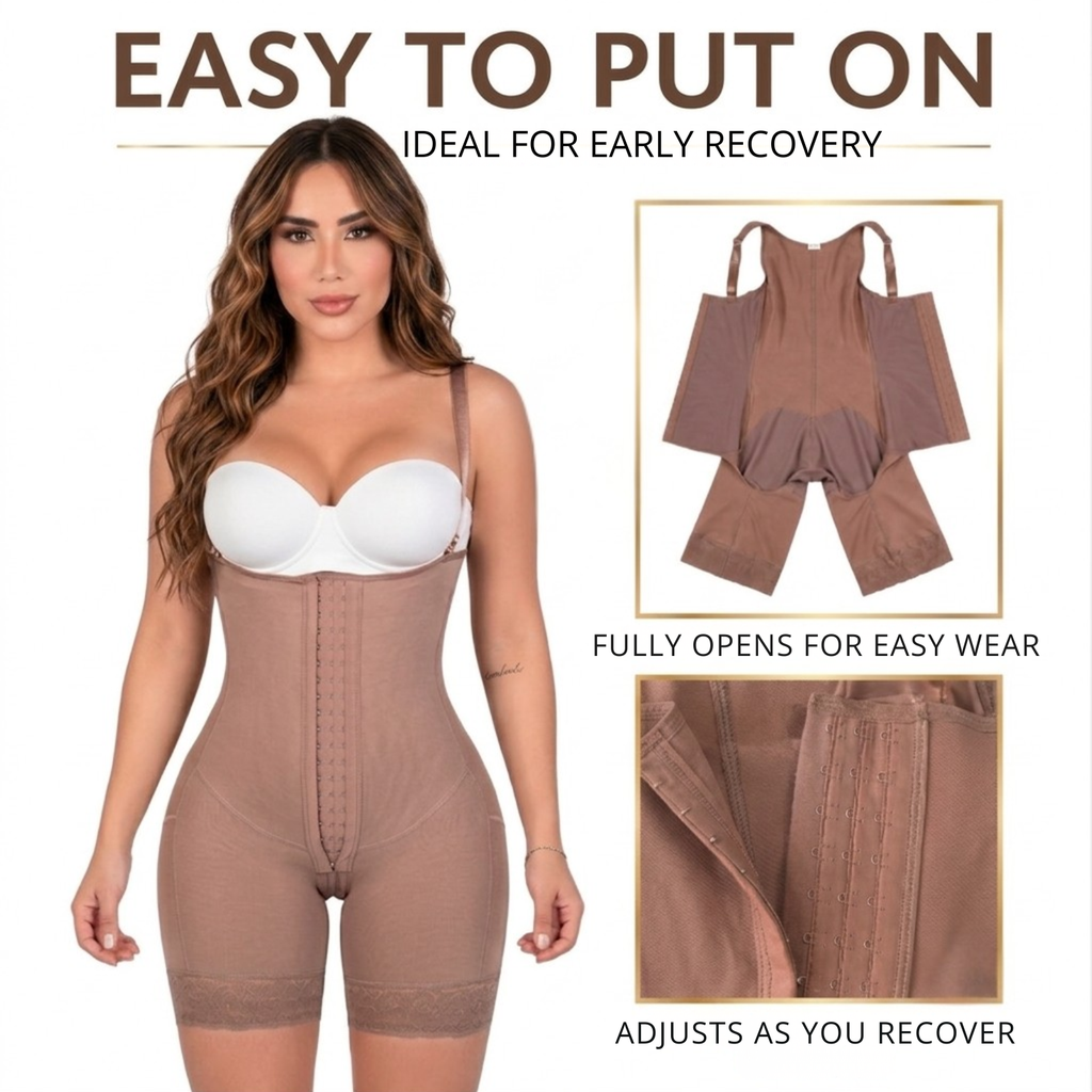 Infographic of the Siluet 70182TJ Stage 1 post-surgical full body shapewear in Cocoa, featuring a full front opening for easy dressing, 3-level hook-and-eye closure with adjustable compression, and a design ideal for early recovery after surgery.