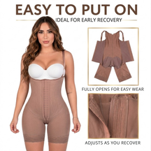 Infographic of the Siluet 70182TJ Stage 1 post-surgical full body shapewear in Cocoa, featuring a full front opening for easy dressing, 3-level hook-and-eye closure with adjustable compression, and a design ideal for early recovery after surgery.