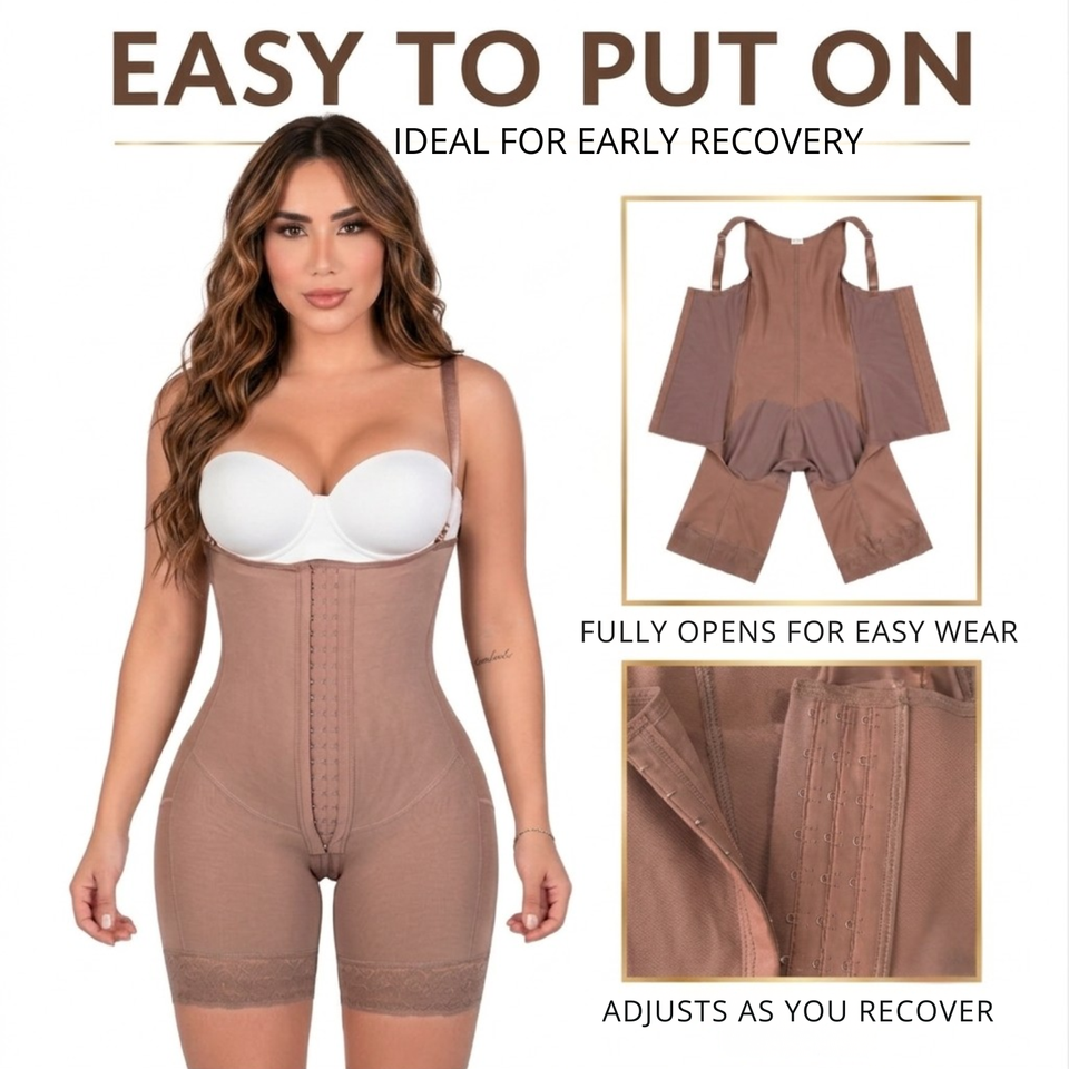 Infographic of the Siluet 70182TJ Stage 1 post-surgical full body shapewear in Cocoa, featuring a full front opening for easy dressing, 3-level hook-and-eye closure with adjustable compression, and a design ideal for early recovery after surgery.