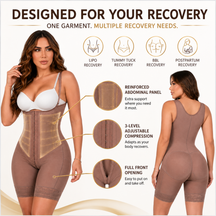 Infographic of the Siluet 70182TJ Stage 1 post-surgical full body shapewear in Cocoa, highlighting reinforced abdominal panel, 3-level adjustable compression, full front opening, and support for liposuction, tummy tuck, BBL and postpartum recovery.