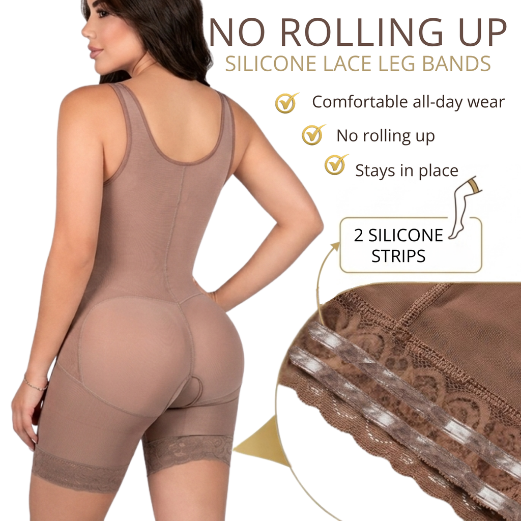 Infographic of the Siluet 70182TJ Stage 1 post-surgical full body shapewear in Cocoa, featuring silicone lace leg bands with dual silicone strips that prevent rolling, stay securely in place, and provide comfortable all-day wear.