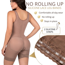 Infographic of the Siluet 70182TJ Stage 1 post-surgical full body shapewear in Cocoa, featuring silicone lace leg bands with dual silicone strips that prevent rolling, stay securely in place, and provide comfortable all-day wear.