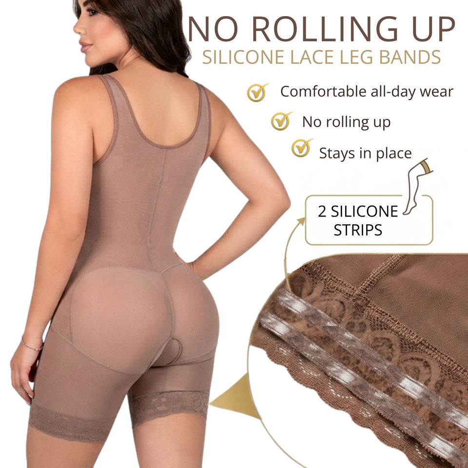 Infographic of the Siluet 70182TJ Stage 1 post-surgical full body shapewear in Cocoa, featuring silicone lace leg bands with dual silicone strips that prevent rolling, stay securely in place, and provide comfortable all-day wear.