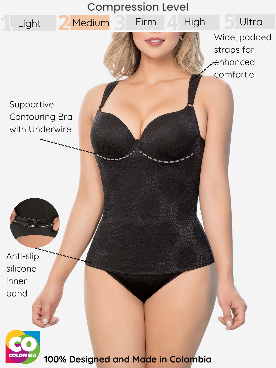 Medium Compression Shapewear Top with Supportive Contouring Bra and Anti-Slip Silicone Band | Wide Padded Straps for Comfort | Made in Colombia