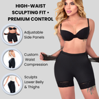 Front view of the Siluet LR5 high-waist butt-lift short showing adjustable side panels for waist compression and lower belly shaping.