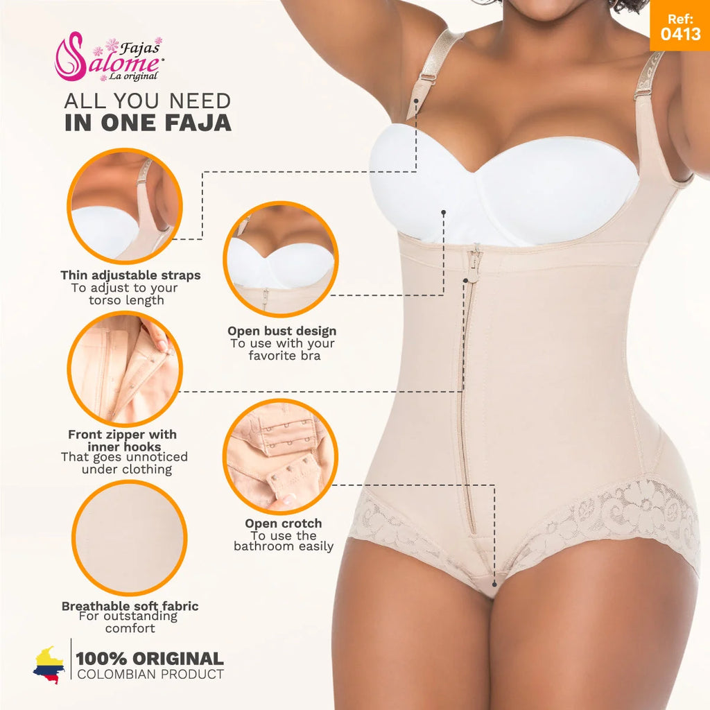 Beige shapewear with thin adjustable straps, open bust design, front zipper with inner hooks, and breathable soft fabric for comfort