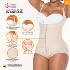 Beige shapewear with thin adjustable straps, open bust design, front zipper with inner hooks, and breathable soft fabric for comfort