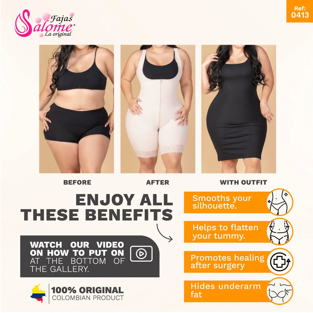Before, after, and outfit view of beige shapewear showing silhouette smoothing, tummy flattening, healing promotion, and underarm fat hiding