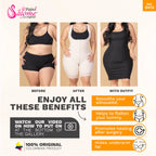 Before, after, and outfit view of beige shapewear showing silhouette smoothing, tummy flattening, healing promotion, and underarm fat hiding