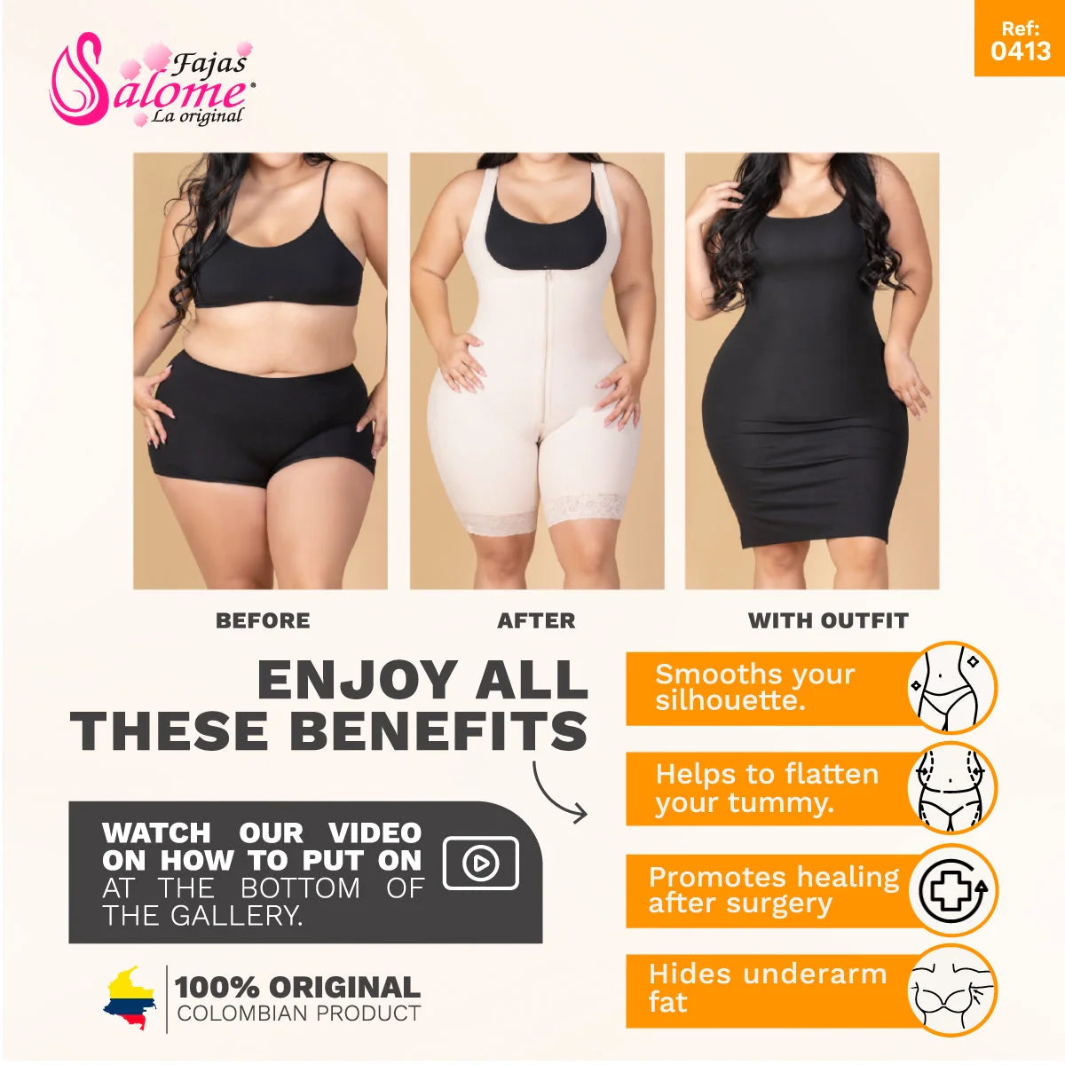Before, after, and outfit view of beige shapewear showing silhouette smoothing, tummy flattening, healing promotion, and underarm fat hiding