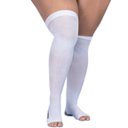 White knee-high socks worn by a person on a white background