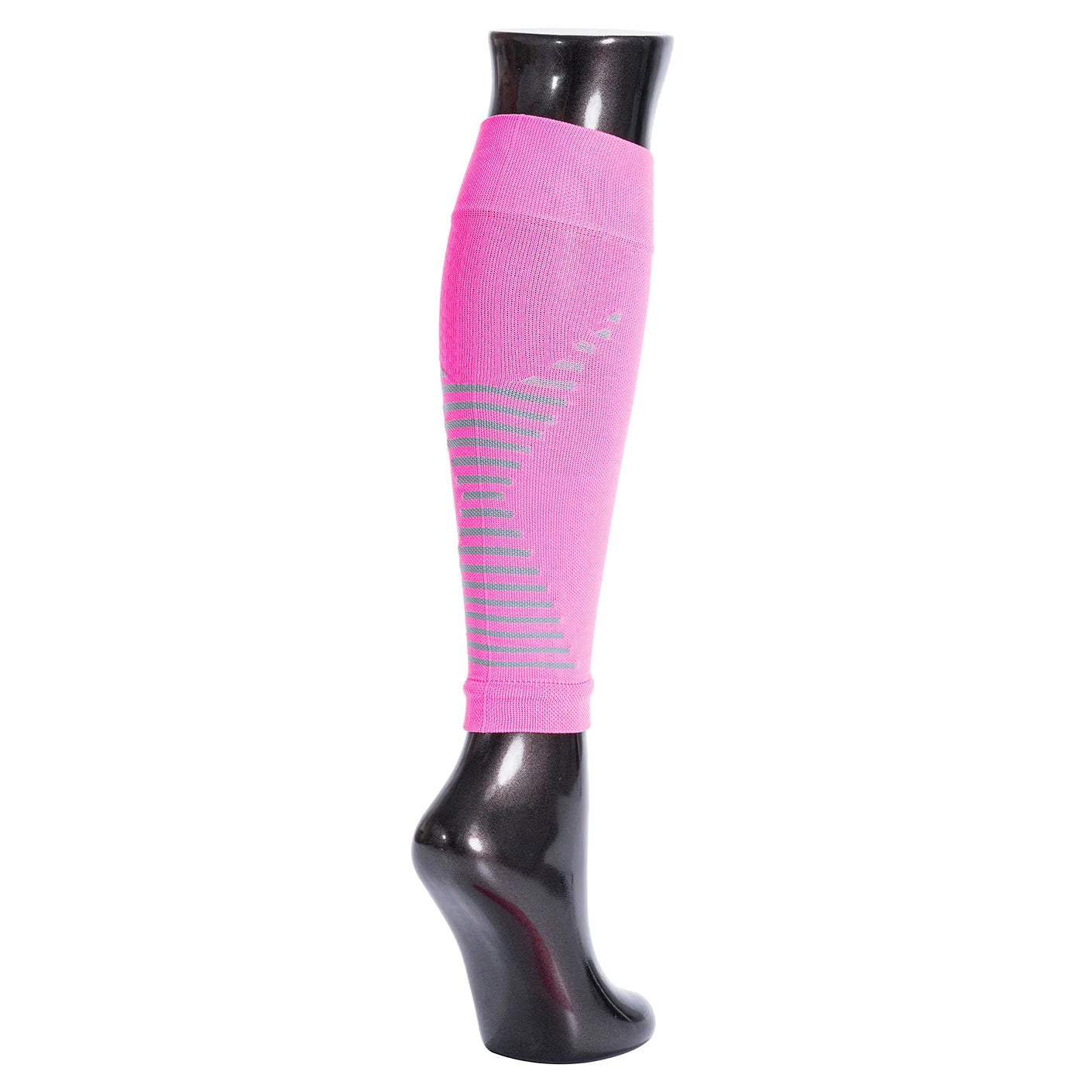 Pink knee-high sock with gray stripes on a white background