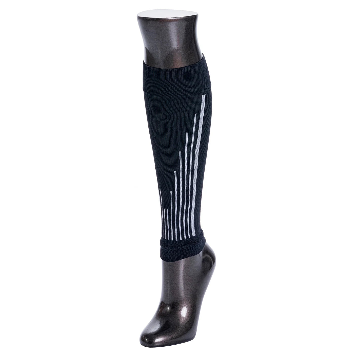 Black knee-high sock with white stripes on a mannequin leg against a white background