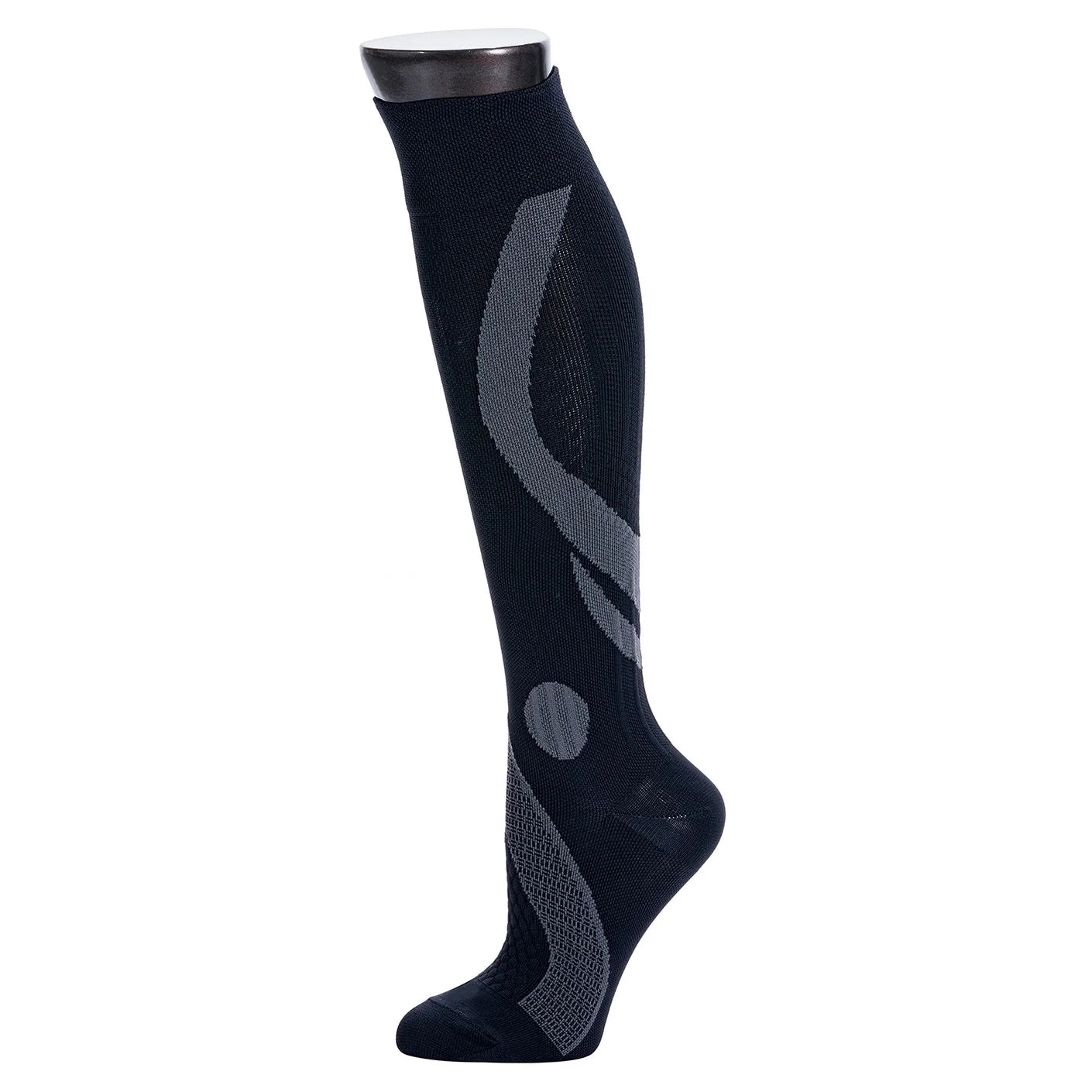 Black knee-high sock with gray accents on a white background