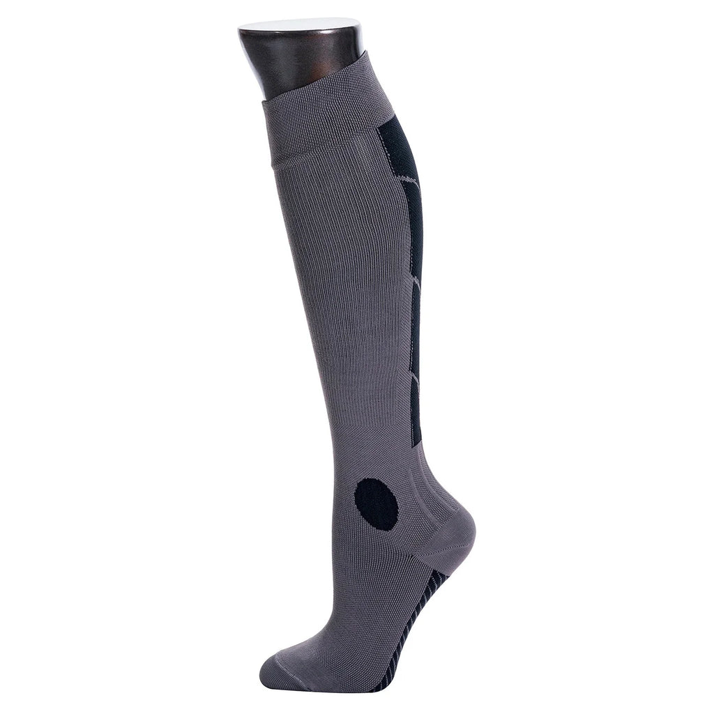 Gray knee-high sock with black accents on a white background