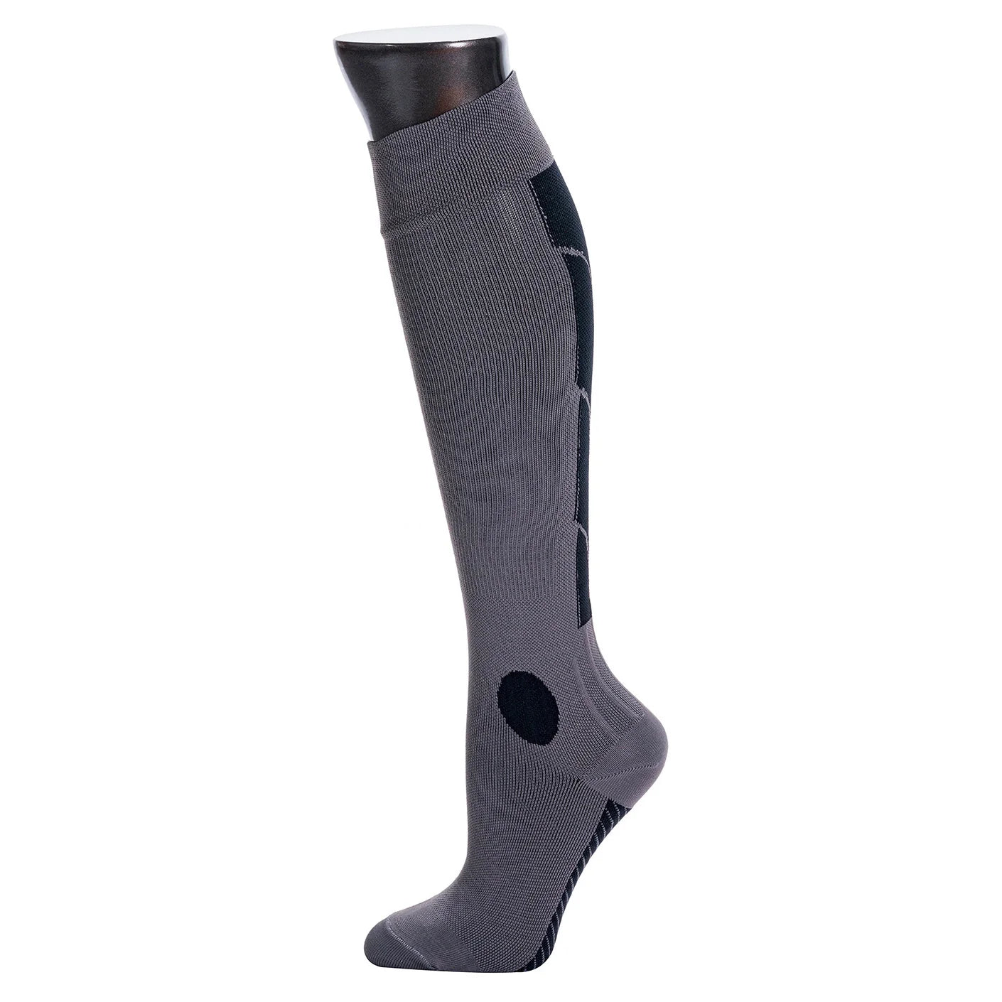 Gray knee-high sock with black accents on a white background