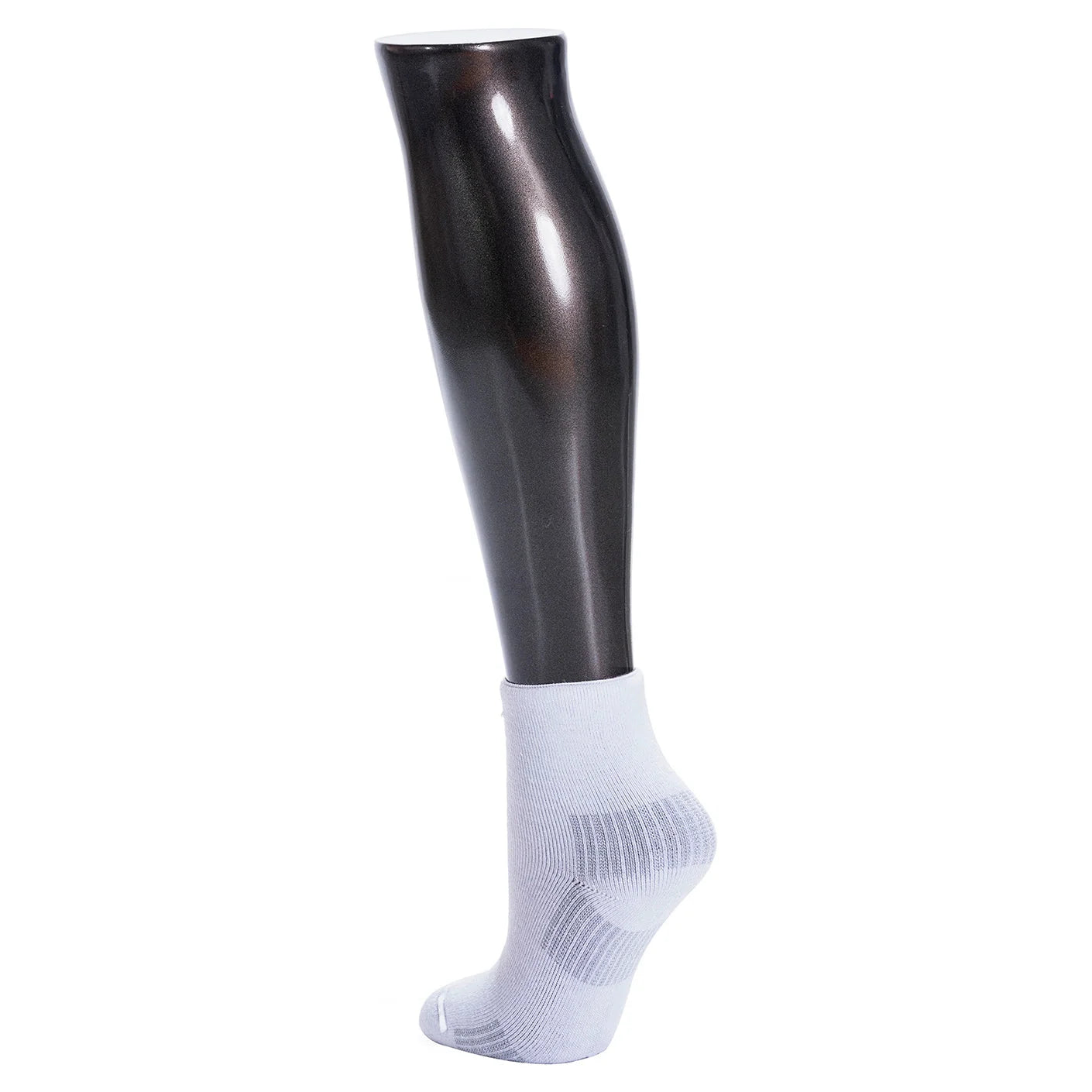 Black leg sleeve over a white sock on a white background
