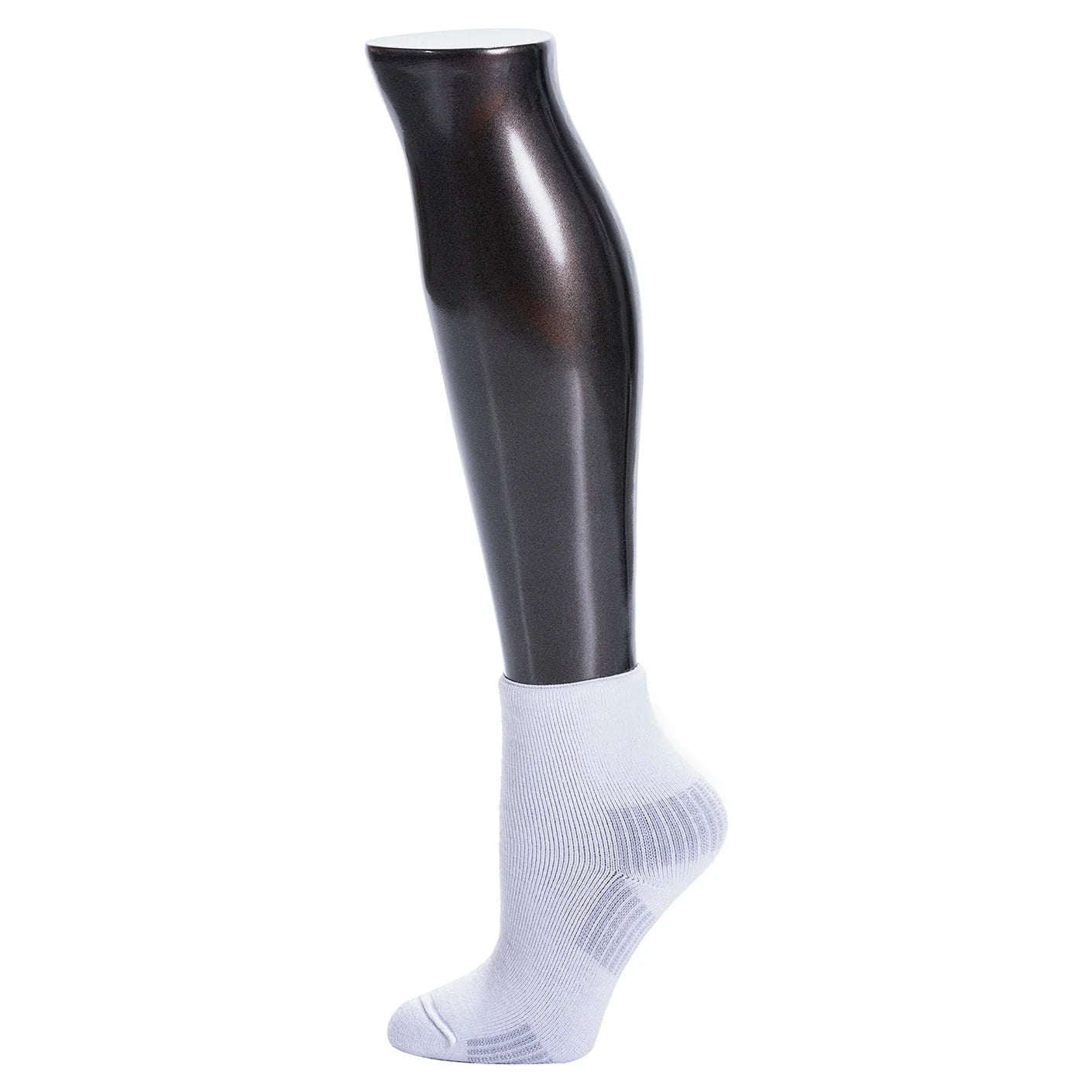 Leg with black shin guard and white sock on a white background