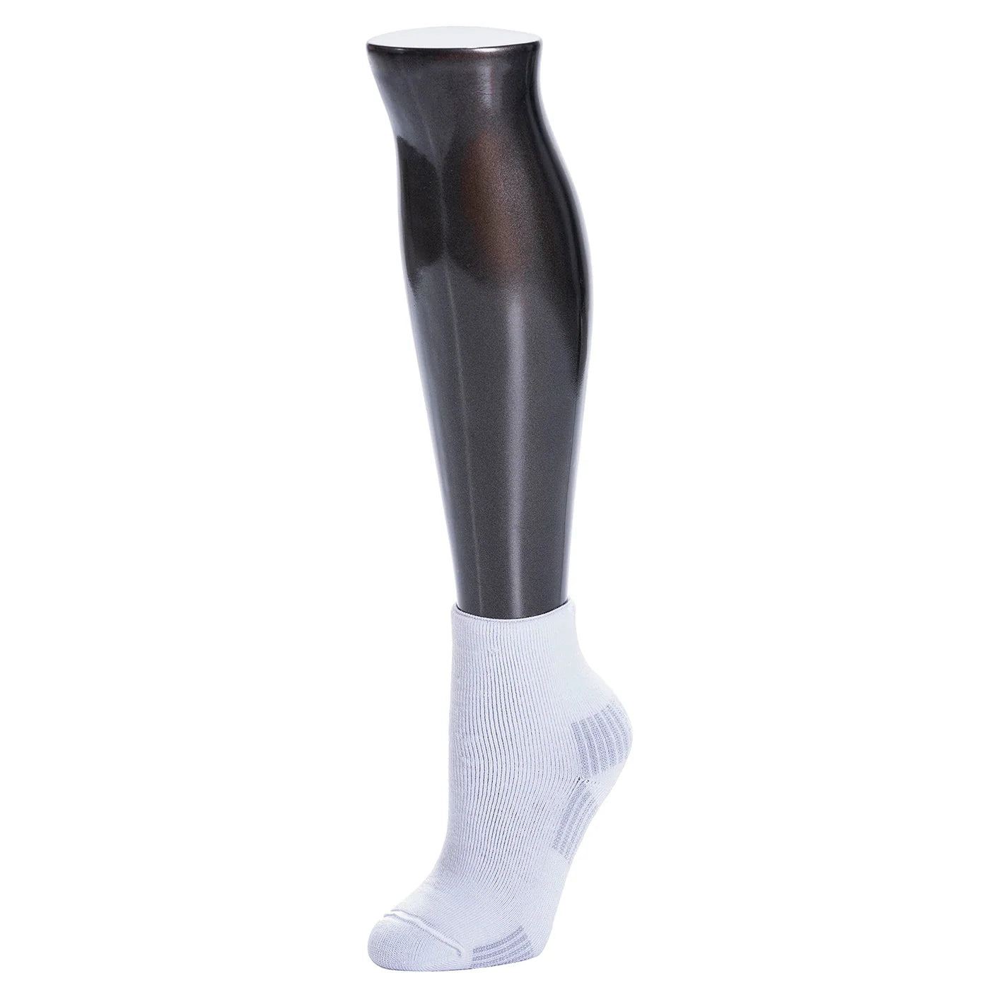 Black shiny leg cover over a white sock on a white background