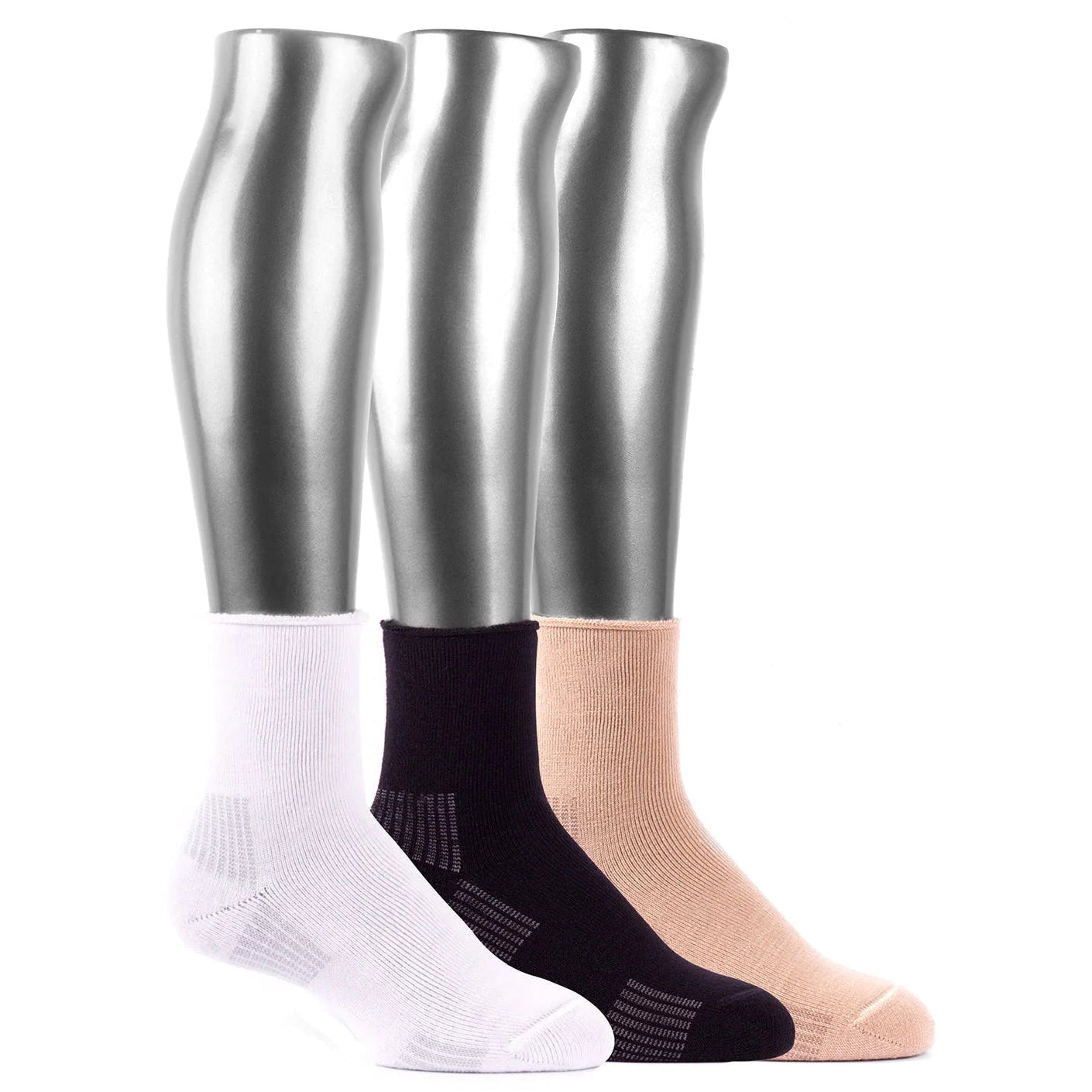 Metallic silver leg covers with three pairs of socks below on a white background